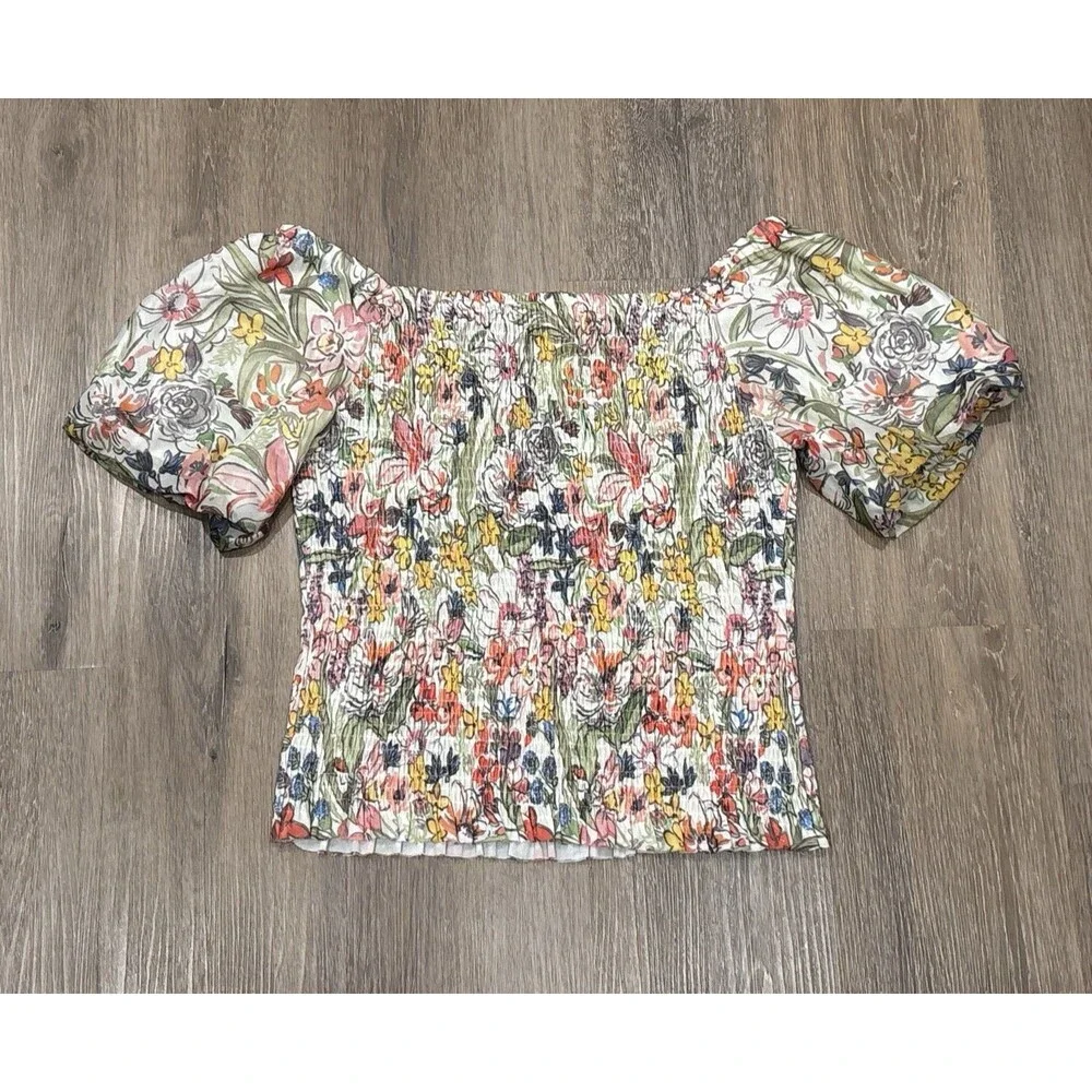Anthropologie Floral Smocked Mesh Puff Sleeve Blouse L NWT